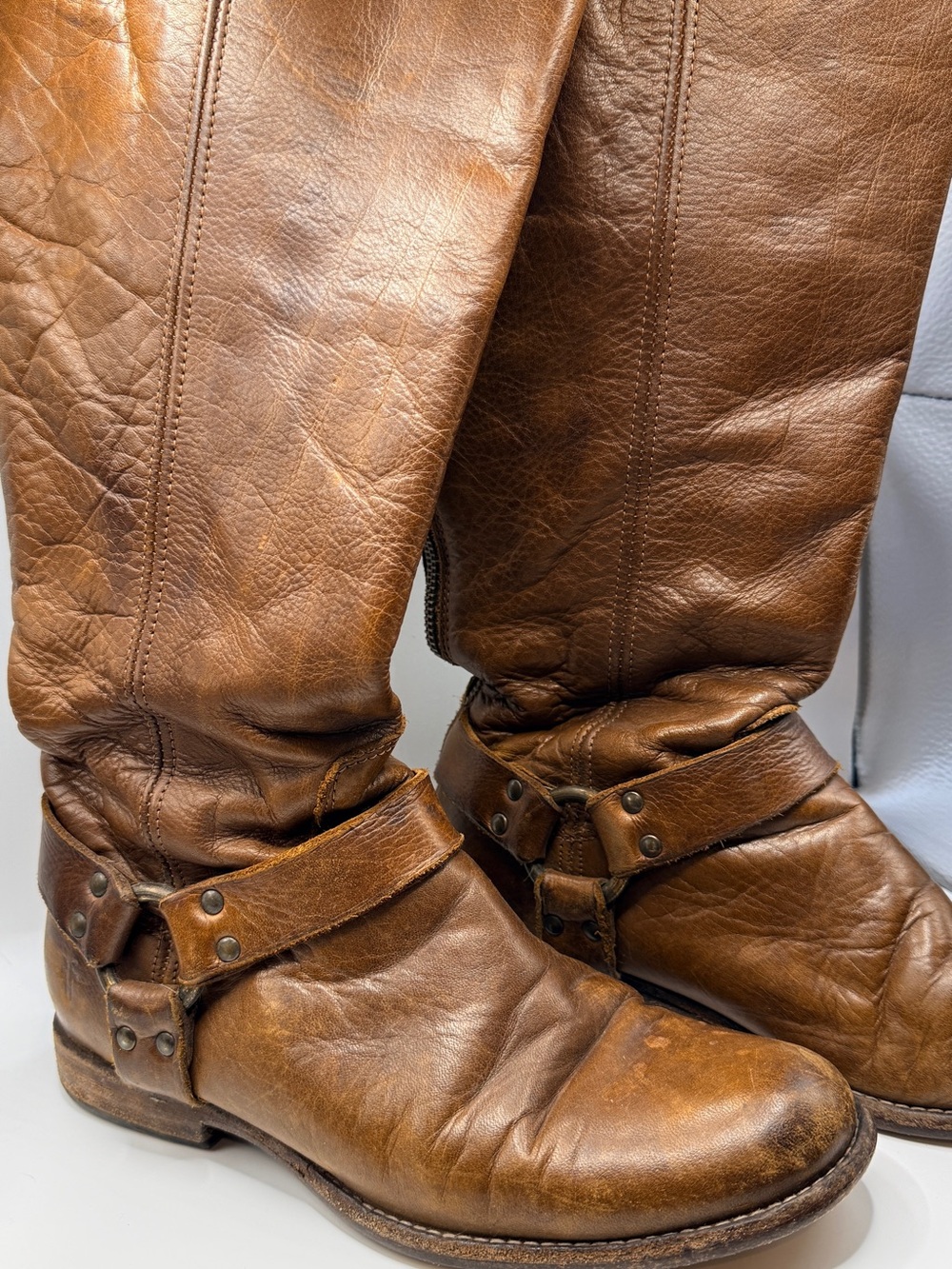 Frye Phillip Harness Tall Brown Leather Extended Calf Boots 8.5B